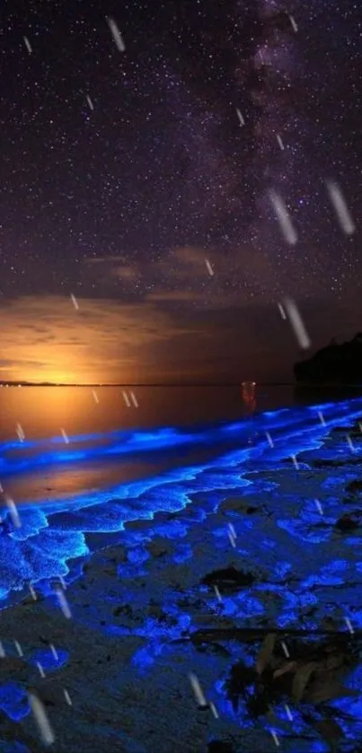 Bioluminescent waves glow under a starry sky at night.