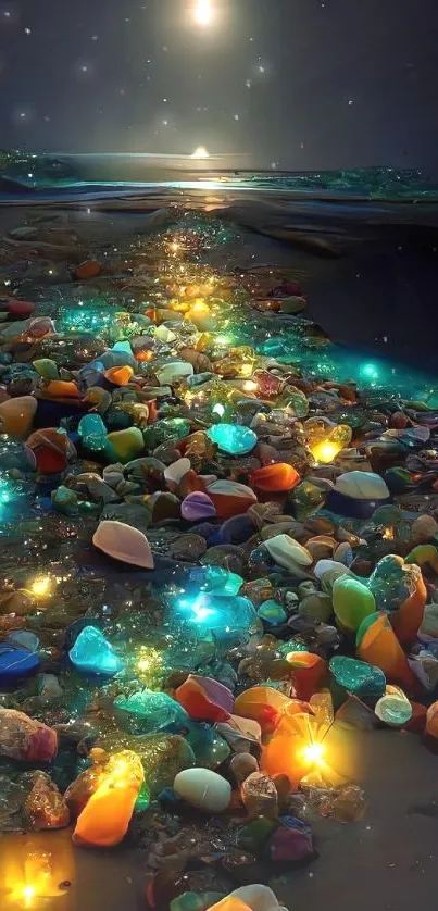 Moonlit beach with vibrant glowing stones and a mystical night sky.