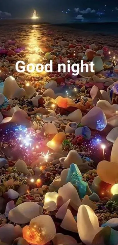 Magical night beach with glowing pebbles and serene ocean view.