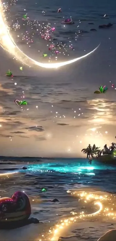 Magical night beach with moonlight and sparkling effects in vibrant colors.