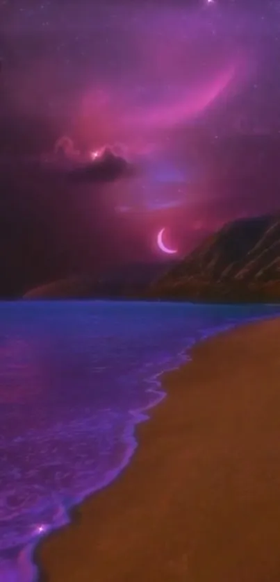 A mystical purple night beach with a crescent moon.