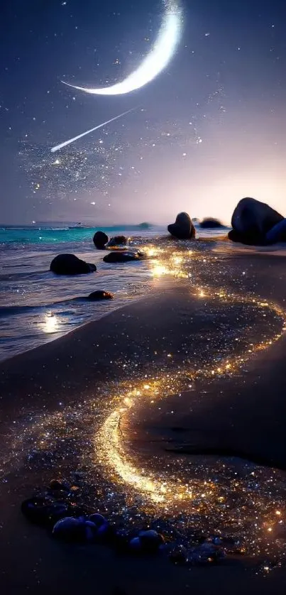 Magical beach under a crescent moon with shimmering golden sands at night.