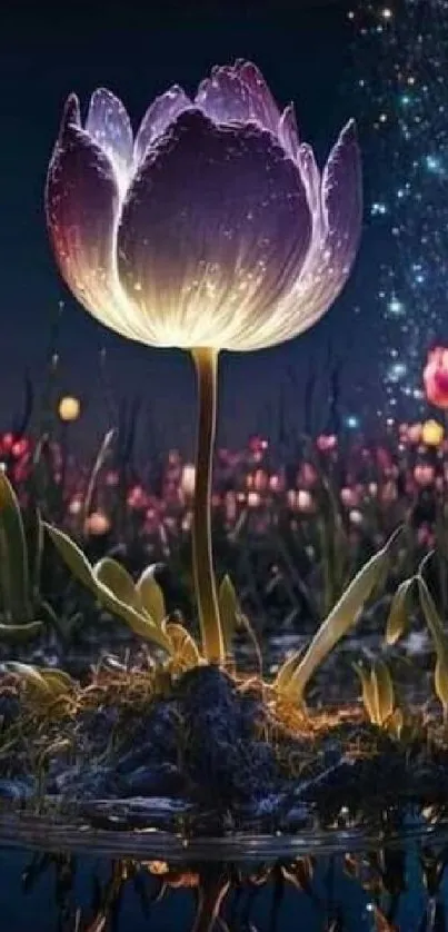 Magical night floral scene with glowing flower and starry sky reflections.