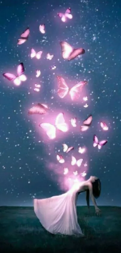 Dreamy night scene with pink glowing butterflies and a silhouette in a dark sky.