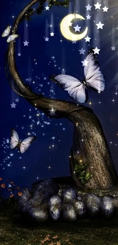 Whimsical night scene with butterflies and a glowing moon on a dark blue sky.