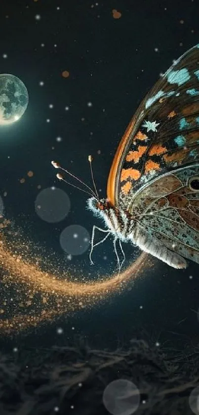 Magical butterfly flying under the moonlit sky in a mystical digital artwork.