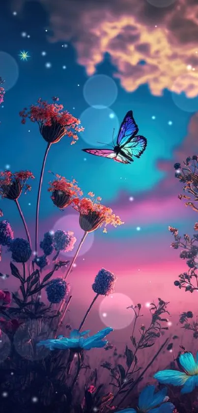 Magical butterfly and flowers in glowing night scene.