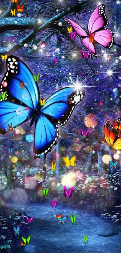 Colorful butterflies in a magical night forest.