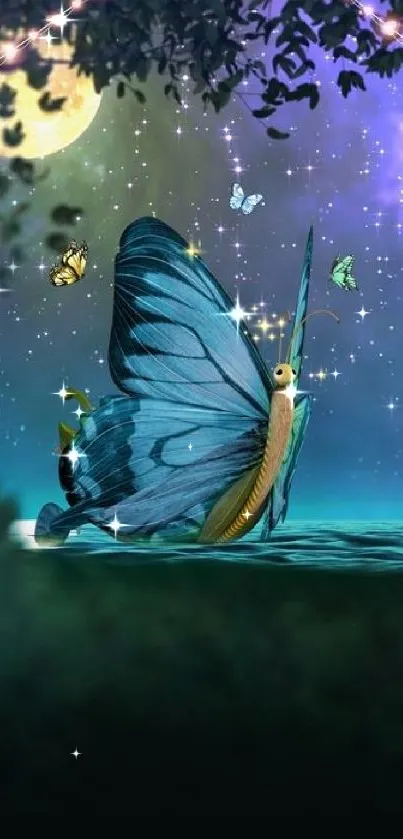 A vibrant blue butterfly under a starry night sky with a glowing moon.