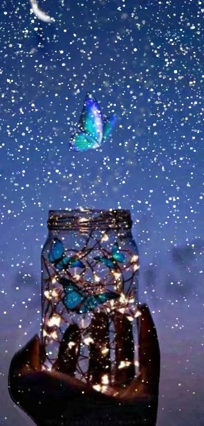 Magical butterfly hovering over a glowing jar under a starry night sky.