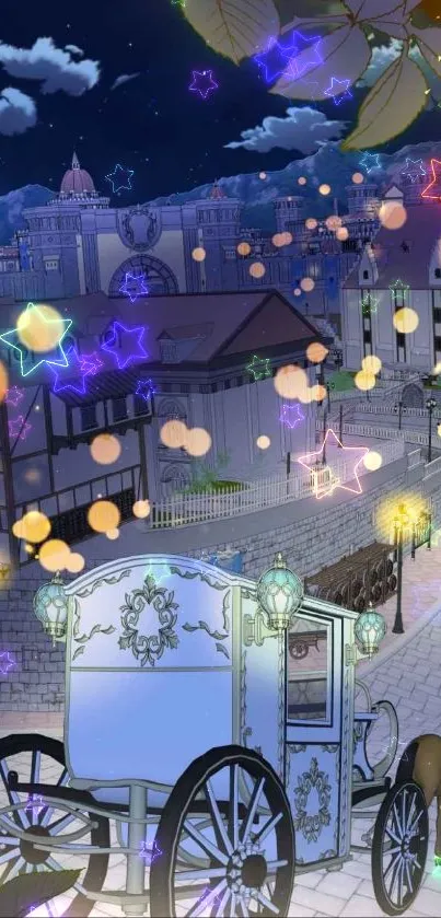 Illustrated night scene with a carriage and glowing lanterns.