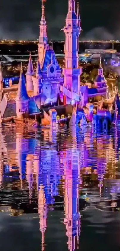 Beautiful castle reflecting in water under a starry night sky.