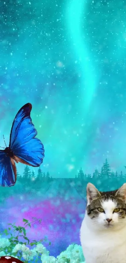 Magical scene with cat, butterfly, and forest under a vibrant night sky.