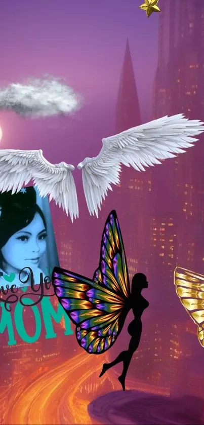 Magical cityscape with wings and night sky theme.
