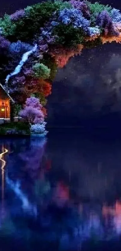 Dreamy cottage with starry night reflection wallpaper.