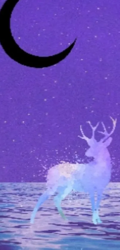 Mystical deer under a purple night sky with a crescent moon and shimmering water.