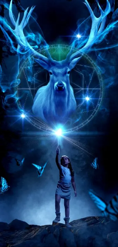Fantasy wallpaper with a glowing deer and butterflies in a magical night forest.