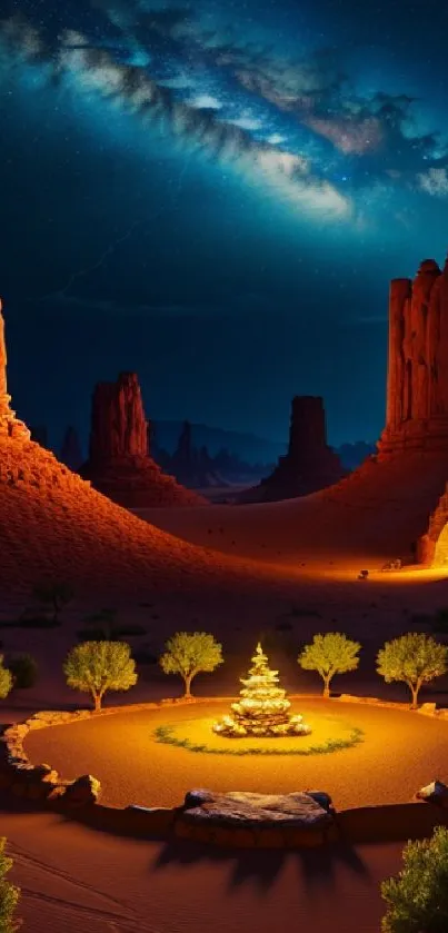 Magical night desert scene with stars and glowing sand.