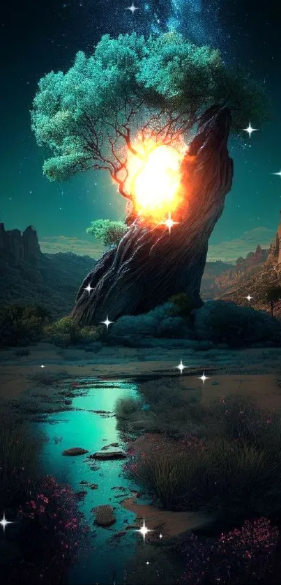 Mystical tree in a night desert scene with stars and rugged landscape.