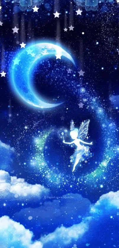 Magical fairy in a starry night sky surrounded by clouds and crescent moon.