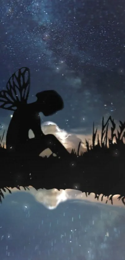 Fairy silhouette under a starry night sky reflection.