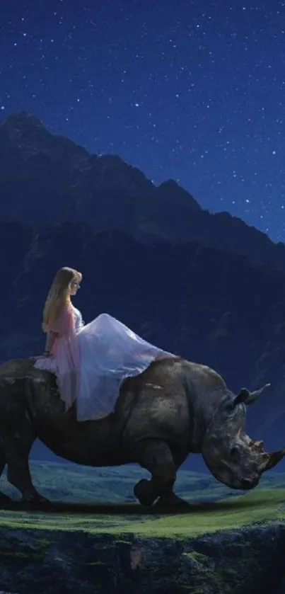 Fantasy wallpaper with starry sky and lady on rhinoceros at night.