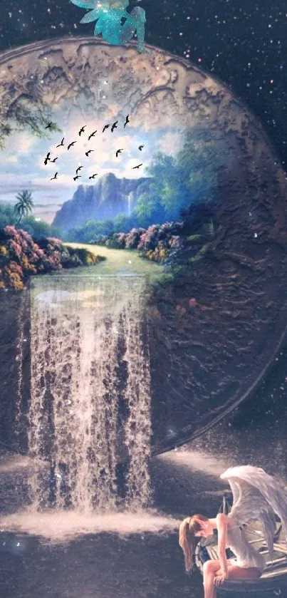 Fantasy wallpaper with a waterfall from a mystical planet in a starry night sky.