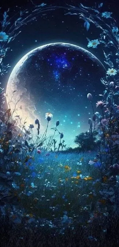 Magical night scene with moon and flowers.