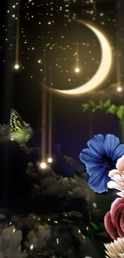 Magical night scene with crescent moon, stars, and colorful flowers.