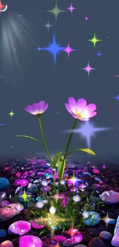 Glowing flowers and stones at night with crescent moon in background.