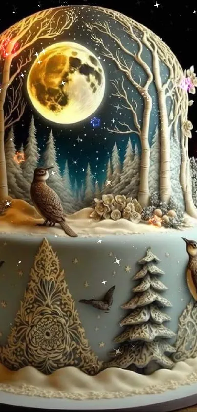 Intricate forest cake with moonlit sky and bird accents.