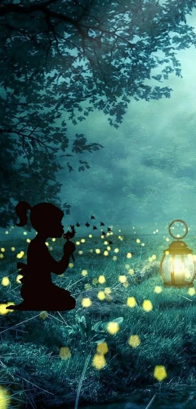 Silhouette of a child in a glowing forest with lanterns and fireflies.