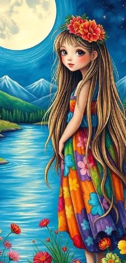 Magical forest wallpaper with serene river and vibrant flowers under moonlight.