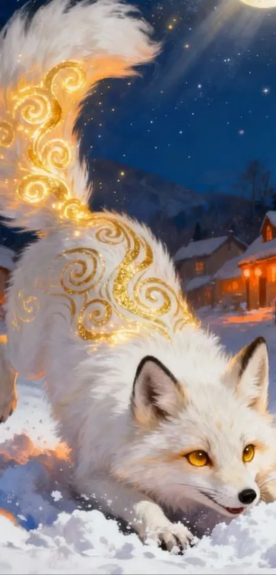 Magical white fox with glowing patterns in a snowy village.