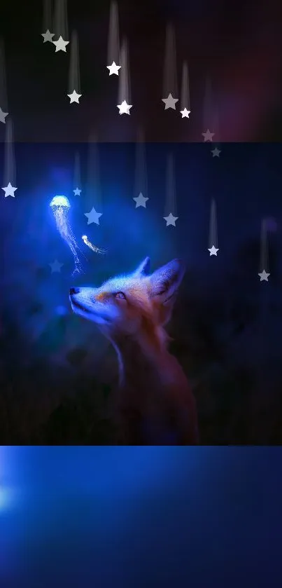 Fox gazing at glowing jellyfish under starry night sky.