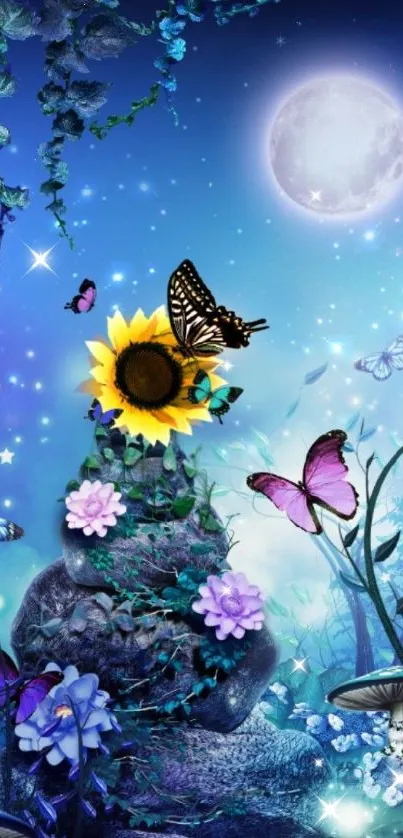 Enchanting night scene with moon, butterflies, and flowers in vivid blue tones.