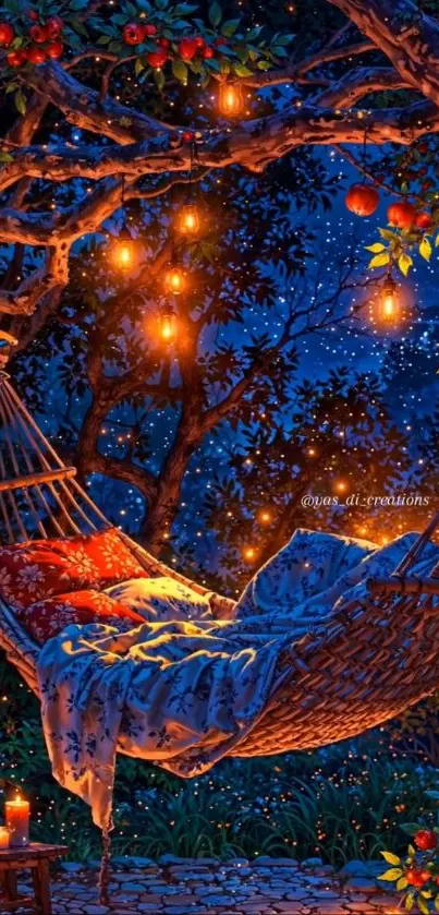 Relaxing hammock under a starlit, lamp-lit sky.