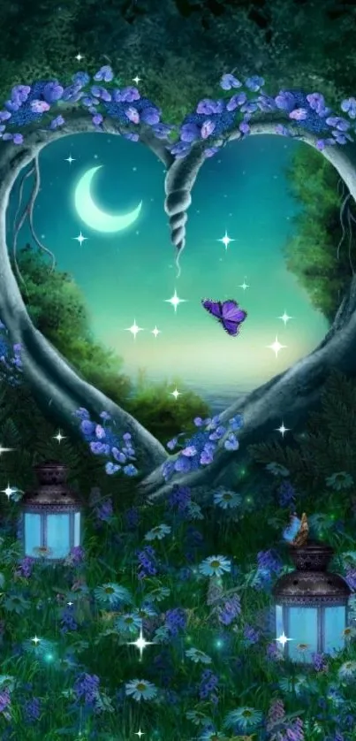 Heart-shaped night scene with moon and butterfly.