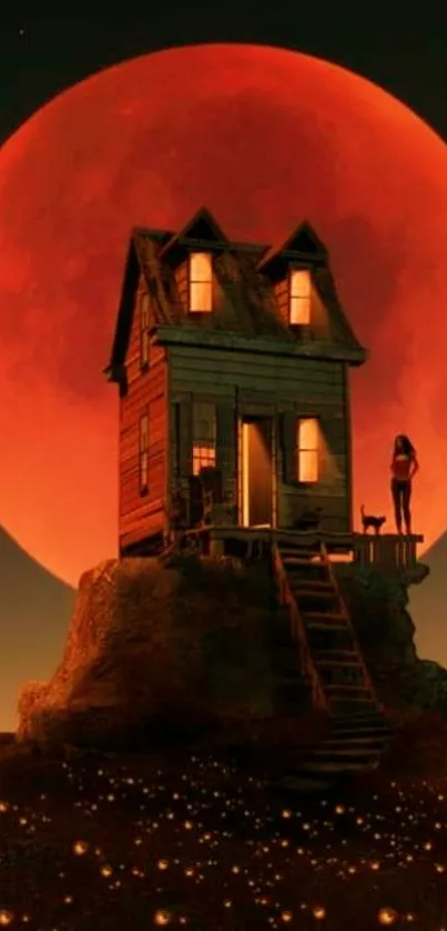 House on hill with massive red moon, night sky glowing.