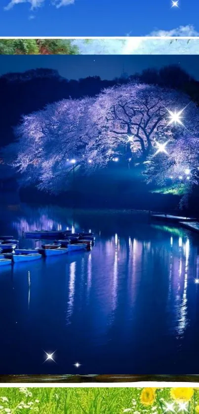 Night lake under starlit sky with cherry blossom tree reflections.