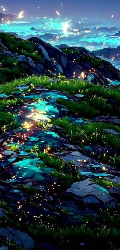 Magical glowing night landscape with vibrant green hills and a starry sky.