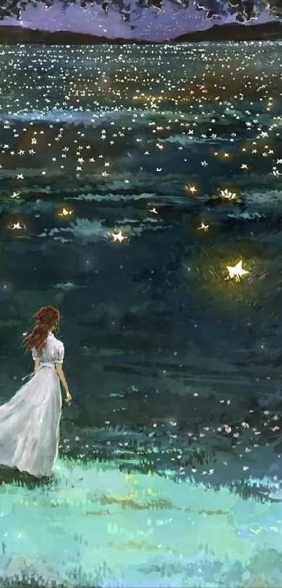 A woman in white walks through a dark forest, illuminated by glowing fireflies.