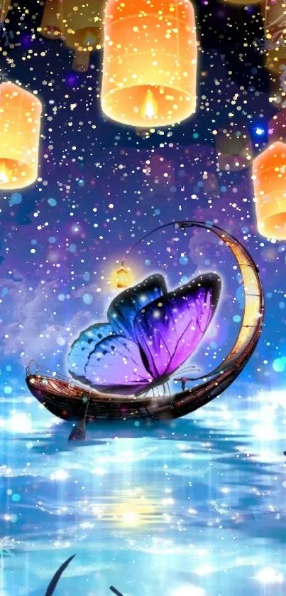 Magical night theme with lanterns and a butterfly boat on water.