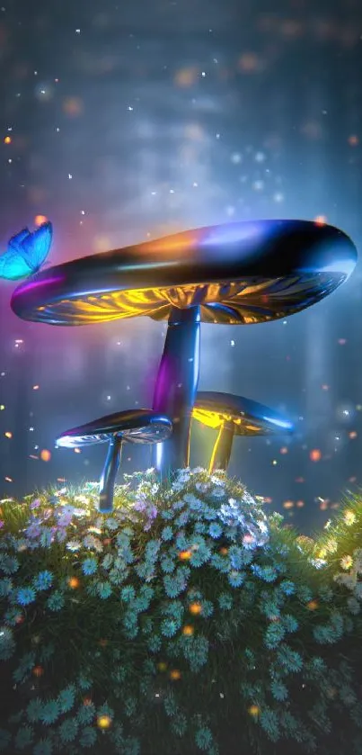 Glowing mushrooms with blue butterfly in a dreamy night setting.