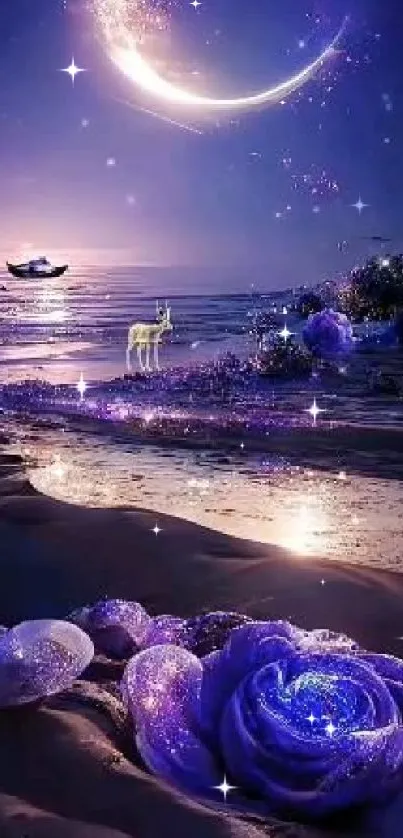 Magical ocean at night with glowing moon and enchanting deer.