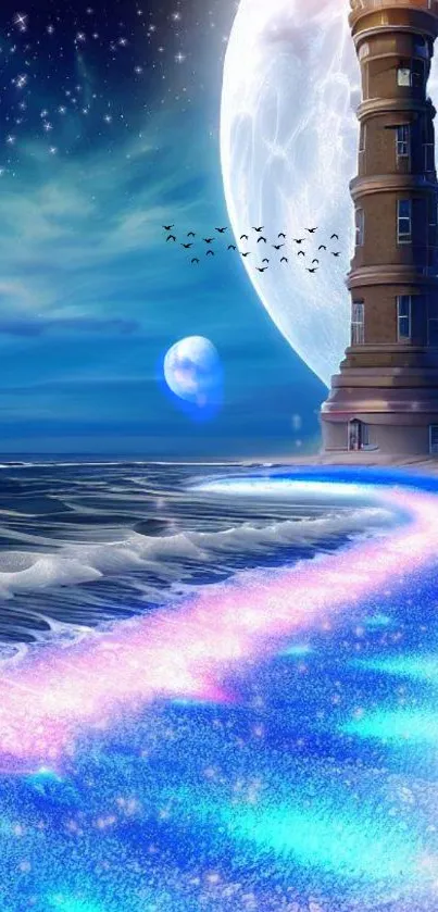 Magical ocean scene with a lighthouse and starry sky.