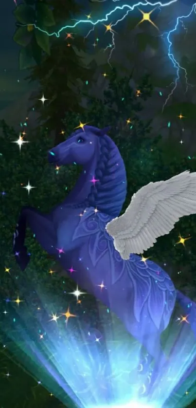 Purple pegasus with wings in a magical night setting with lightning.