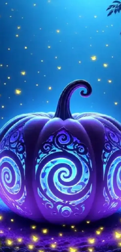 A glowing decorative pumpkin in a magical night scene under blue light.