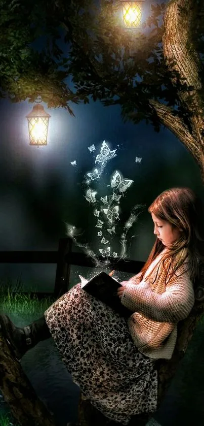 Girl reading under glowing lanterns in a magical forest scene.