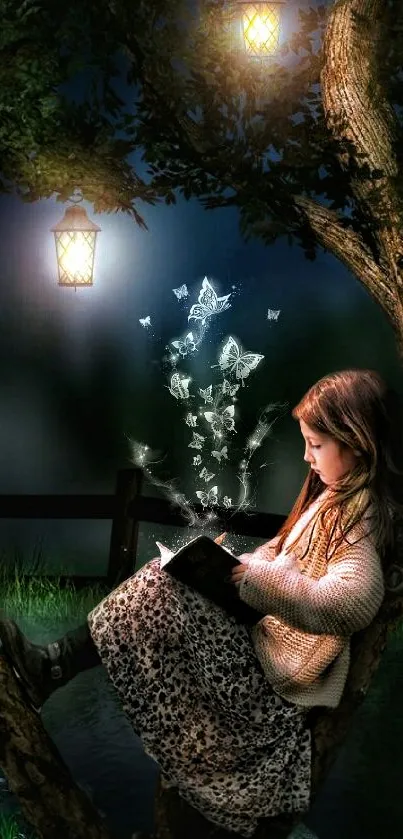 Young girl reading under a tree with lanterns and butterflies at night.